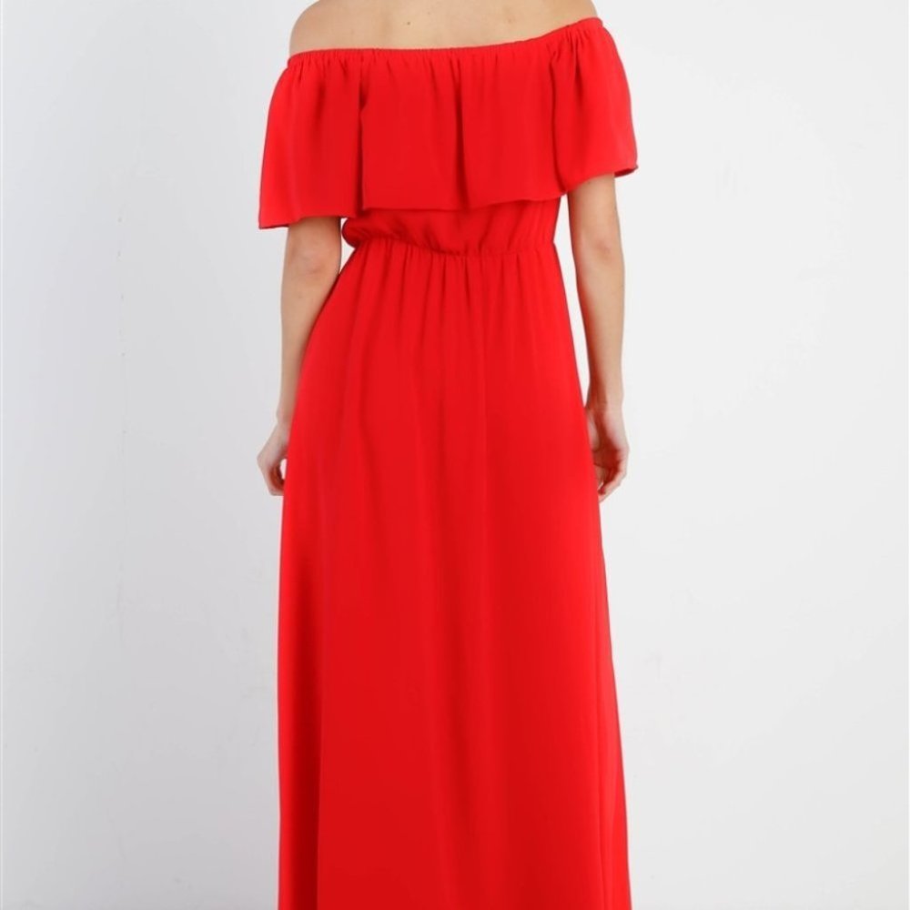 Off Shoulder Ruffle Maxi Dress RED - Picture 4 of 5